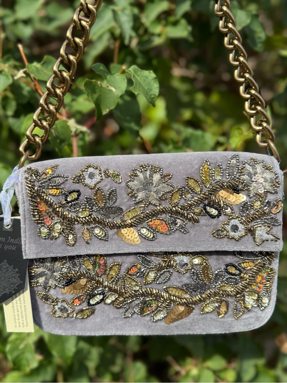 NWT Floral Flowers Grey Gray Velvet Beaded Chain Shoulder Bag Made in India Fall